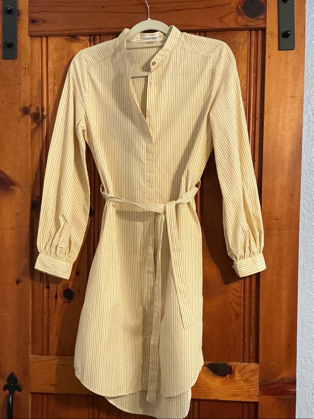 Calvin Klein Yellow Pinstripe Shirt Dress with Self Tie
